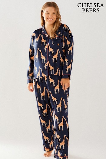 Chelsea Peers Blue Curve Satin Giraffe Print Long Pyjama Set (B24648) | £55