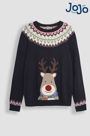 JoJo Maman Bébé Navy Blue Mens Reindeer Fair Isle Jumper (B24936) | £42