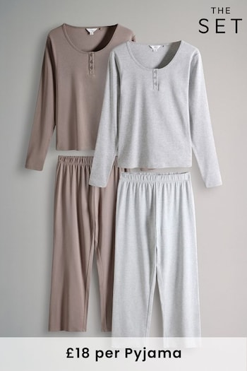 The Set Light Grey/Taupe Brown 2 Pack Rib Henley Long Sleeve Pyjamas (B24959) | £36