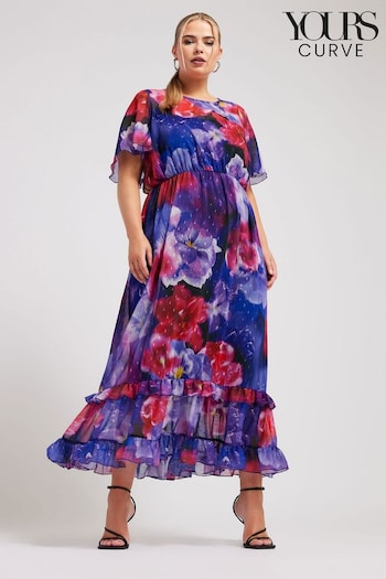 Yours Curve Purple Floral Metallic Dobby Smock Dress (B25022) | £60