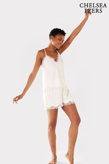 Chelsea Peers White Satin Lace Trim Cami Short Pyjama Set (B25062) | £35