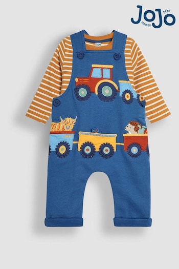 JoJo Maman Bébé Blue Tractor & Trailer Appliqué Dungarees & Top Set (B25296) | £27