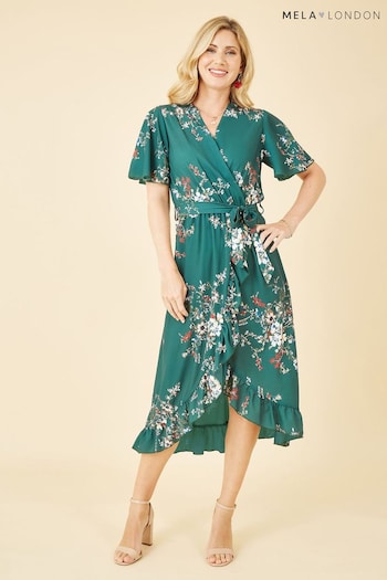 Mela Green Satin Floral Dip Hem Wrap Midi Dress (B25313) | £40