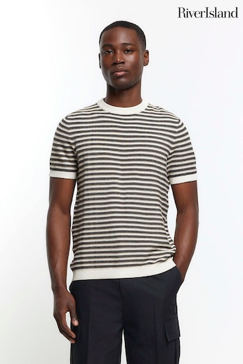 River Island Brown/White Short Sleeve Stripe Knit T-Shirt (B25329) | £30