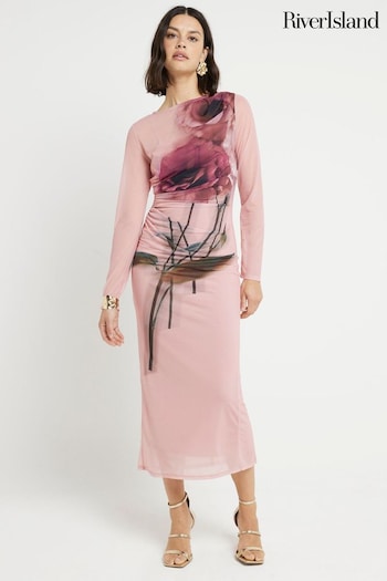 River Island Pink Floral Mesh Midi Dress (B25405) | £45