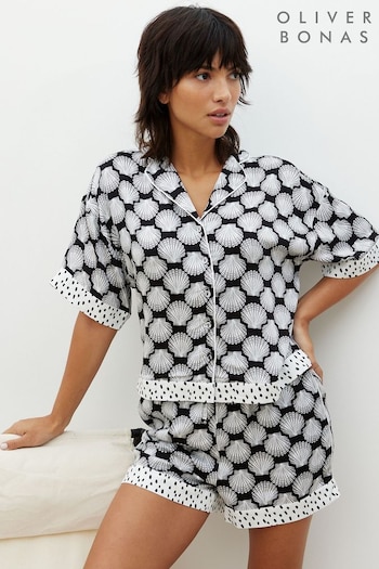 Oliver Bonas Monochrome Shells Black Top & Shorts Pyjama Set (B25475) | £59.50