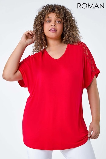 Roman Red Lace Shoulder Stretch Jersey T-Shirt (B25488) | £28