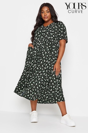 Yours Curve Black Daisy Print Smock Midaxi Shirred Dress (B25546) | £34