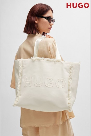 HUGO Logo White Tote trapezoid Bag With Fringe Detailing (B25570) | £99