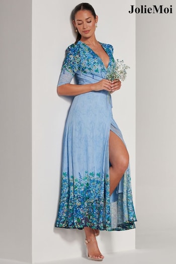 Jolie Moi Blue Peggy Ruched Sleeve Wrap Mesh Maxi Dress (B25700) | £79
