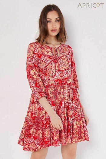 Apricot Red Scarf Print Tiered Mini Dress (B25710) | £35