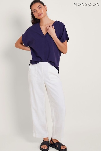 Monsoon White Parker Linen Crop Shirred Trousers (B25723) | £59
