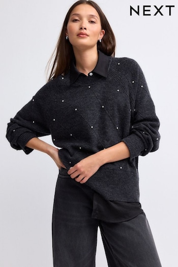 Grey Charcoal Shirt Layer Gem Embellished Argyle Knitted Jumper (B25801) | £0