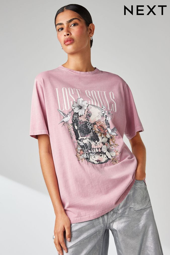 white shirt with pink graphic