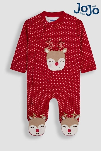 JoJo Maman Bébé Red Reindeer Cotton Chirstmas Zip Appliqué Sleepsuit (B25873) | £23