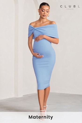 Club L London Blue Maternity Alyssa Bardot Bow Midi jean Dress with Ruching (B25915) | £65