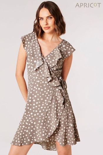 Apricot Grey Painterly Dot Ruffle Wrap Mini Dress (B26355) | £35