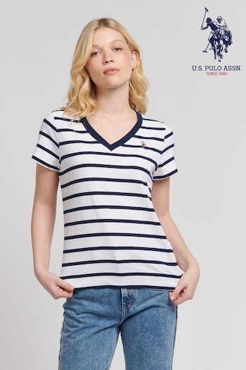 U.S. Mens Polo Assn. Regular Fit Womens Blue Slub Stripe V-Neck T-Shirt (B26494) | £30