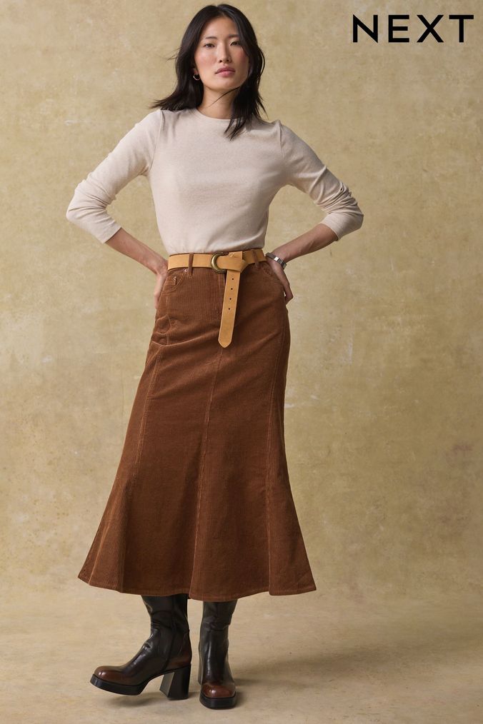 Mid length brown skirts new arrivals