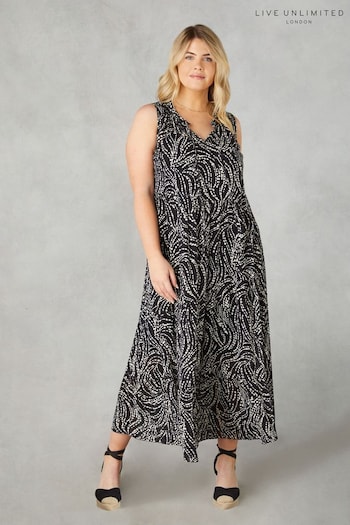 Live Unlimited Curve - Spot Print Ruffle Black Maxi Dress (B26740) | £79