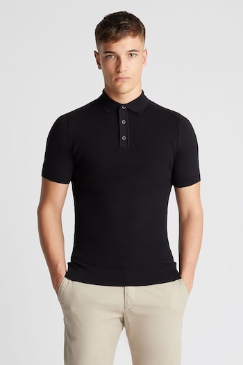 Remus Uomo Black Remus Uomo Slim Fit Knitted Cotton ShortSleeve Black Polo Shirt (B26867) | £75