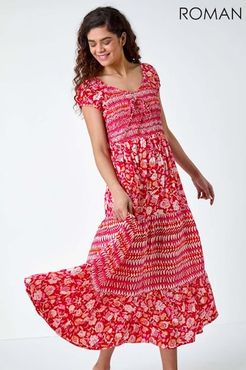 Roman Red Mixed Print Shirred Midi Dress (B26888) | £42