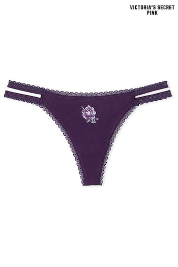 Victoria's Secret PINK Plum Purple Rib Strappy Lace Trim Thong Knickers (B26911) | £9