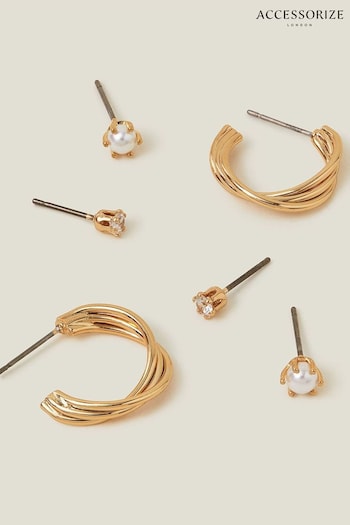 Accessorize 14ct Gold Plated Twisted Stud and Hoops Earrings 3 Pack (B27008) | £18