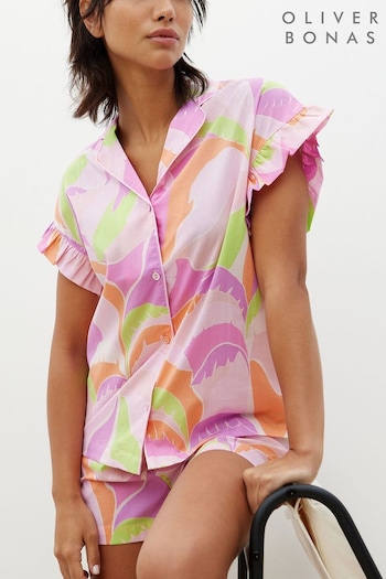 Oliver Bonas Abstract Palm Pink Top & Shorts Pyjama Set (B27209) | £59.50