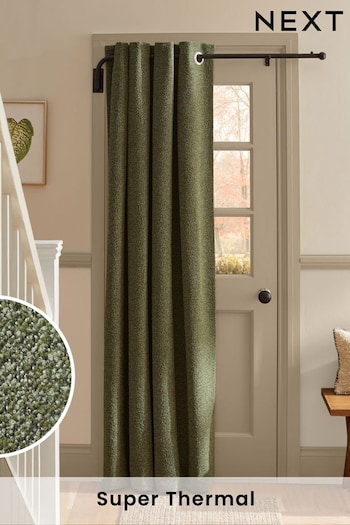 Olive Green Bouclé Textured Super Thermal Eyelet Door Curtains (B27263) | £0