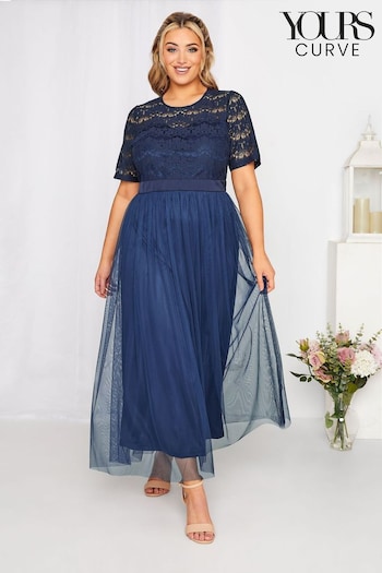 Yours Curve Blue Long Sleeve Sweetheart Lace Mesh Dress (B27315) | £34