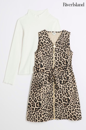 River Island Brown Girls Animal Belted Pinny 100% Cotton Dress (B27519) | £35