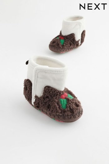 Brown Christmas Pudding Baby Slipper Boots (0-2mths) (B27592) | £9