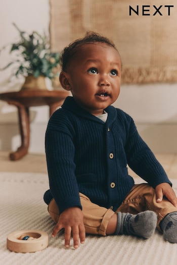 Navy Rib Shawl Baby 100% Cotton Knitted Cardigan (0mths-2yrs) (B27652) | £13 - £15