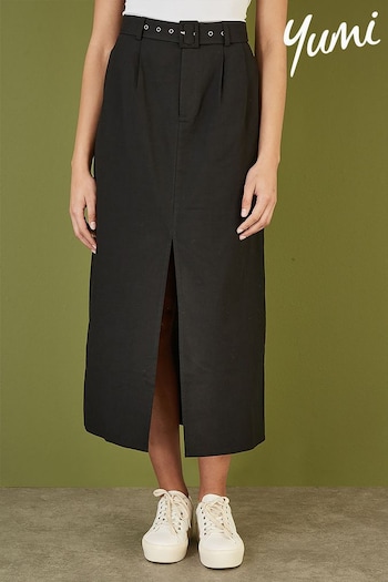 Yumi Black Cotton Midi Skirt With Belt And Split Hem (B27883) | £45