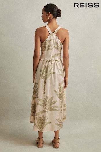 Reiss Neutral/Green Anna Petite Linen Tropical Print Midi Dress (B28051) | £158
