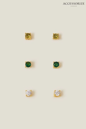 Accessorize Green 14CT Gold Plated Stud Earrings 3 Pack (B28057) | £18