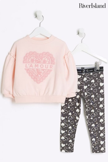 River Island Pink Girls Lamour Heart Sweat and Legging pour Set (B28077) | £18