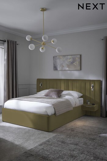 Soft Velvet Sage Green Mayfair Upholstered Hotel Bed Frame with Ottoman Storage, Bedside Tables and Lights (B28232) | £1,199 - £1,399
