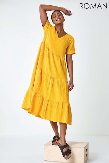 Roman Yellow Cotton Waffle Tiered Midi Dress (B28290) | £42