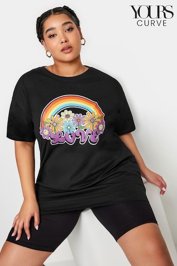 Yours Curve Black Relaxed Drop Shoulder Rainbow Love T-Shirt (B28294) | £20