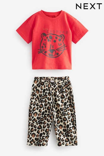 Red Leopard Print Short Sleeve T-Shirt And Wide Leg Trousers (3mths-7yrs) (B28315) | £13 - £15