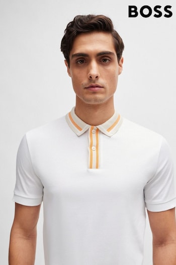BOSS White Contrast Collar Slim Fit sweatshirt Polo Shirt (B28756) | £99