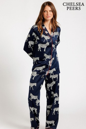 Chelsea Peers Blue Satin Zebra Print Long Pyjama Set (B28767) | £55