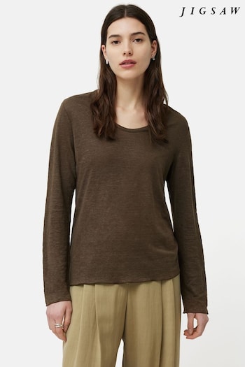 Jigsaw Brown Linen Eden Long Sleeve T-Shirt (B29002) | £69