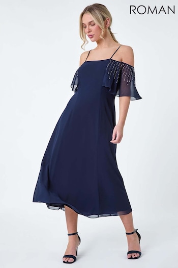 Roman Blue Sparkle Embellished Bardot Midi Dress (B29058) | £58
