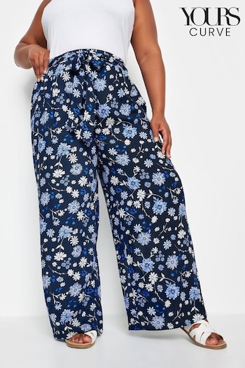 Yours Curve Blue Shirred Waist Wide Leg Pants Trousers (B29193) | £29