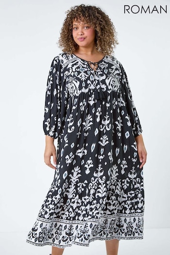 Roman Black Boho Print Tiered Midi Dress (B29477) | £45