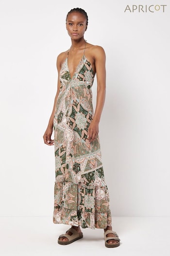 Apricot Green Satin Scarf Print Maxi Dress (B29495) | £35
