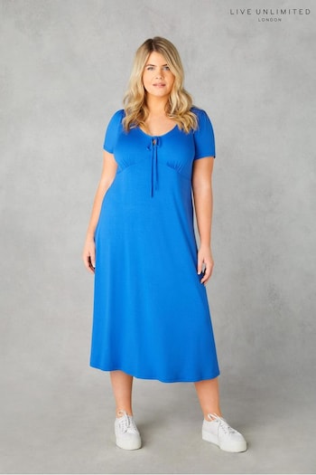 Live Unlimited Curve Blue Jersey Tie Front Midi Dress (B29642) | £55